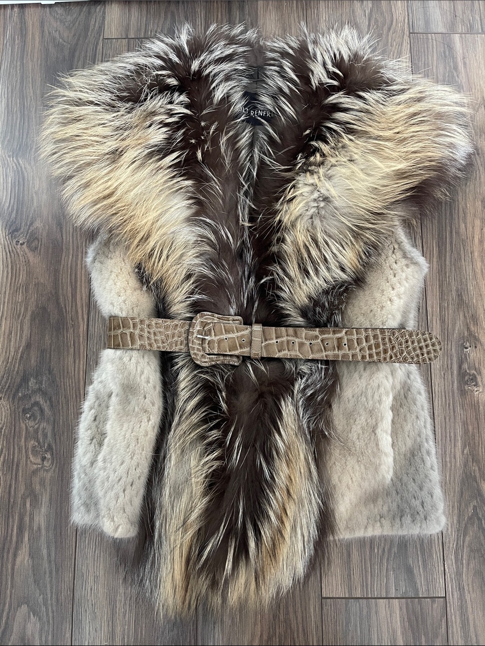 Holt Renfrew Real Fur Vest with Croc-Textured Belt - Taupe & Brown